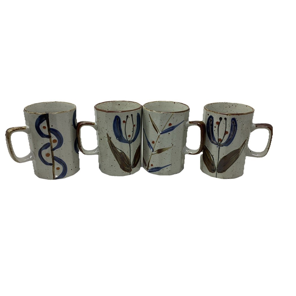 Vintage (4) Otagiri Hacienda Blue Flower MCM  StonewareSpeckled Coffee Mugs